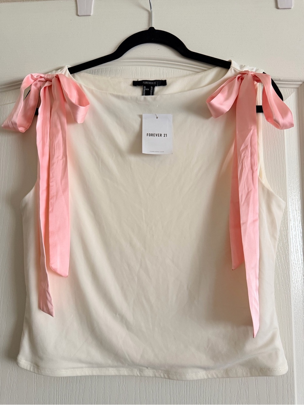 Forever 21 Cream Tank Top with Pink Tie Shoulder Bows